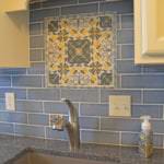 blue and gold tile backsplash