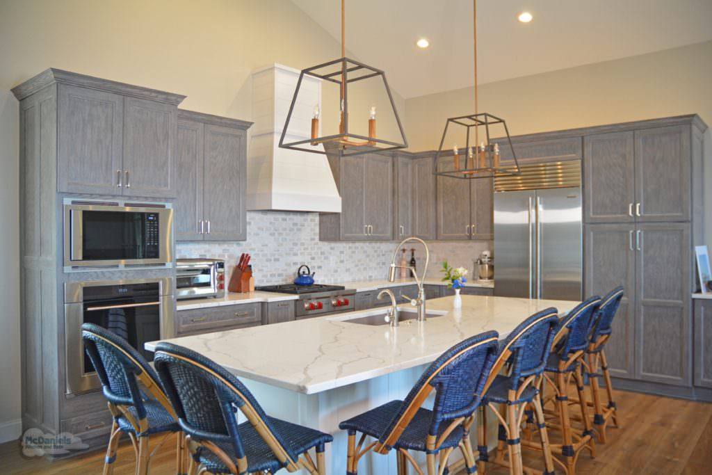 kitchen island with blue barstools