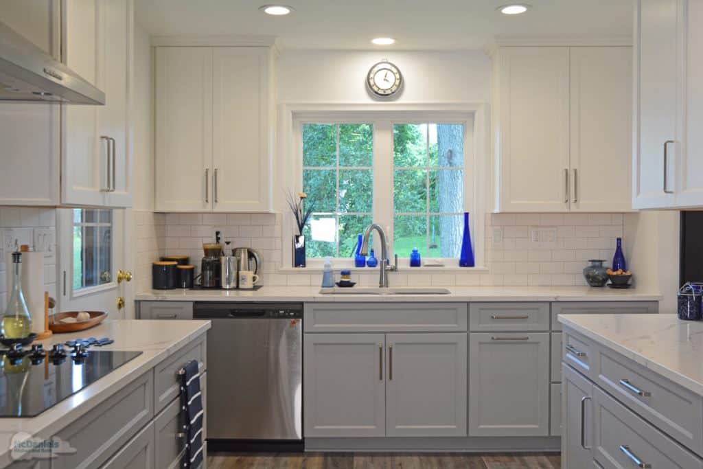 transitional style kitchen design with gray and white cabinets