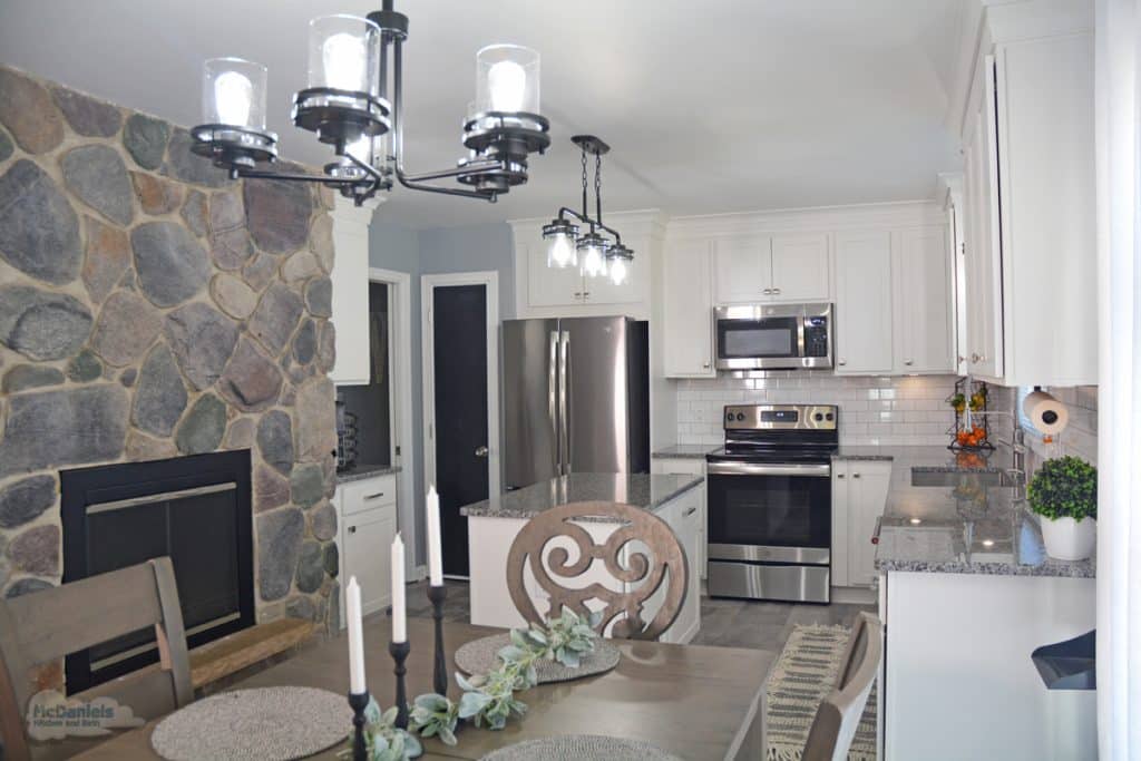 kitchen with chandelier and pendant lights